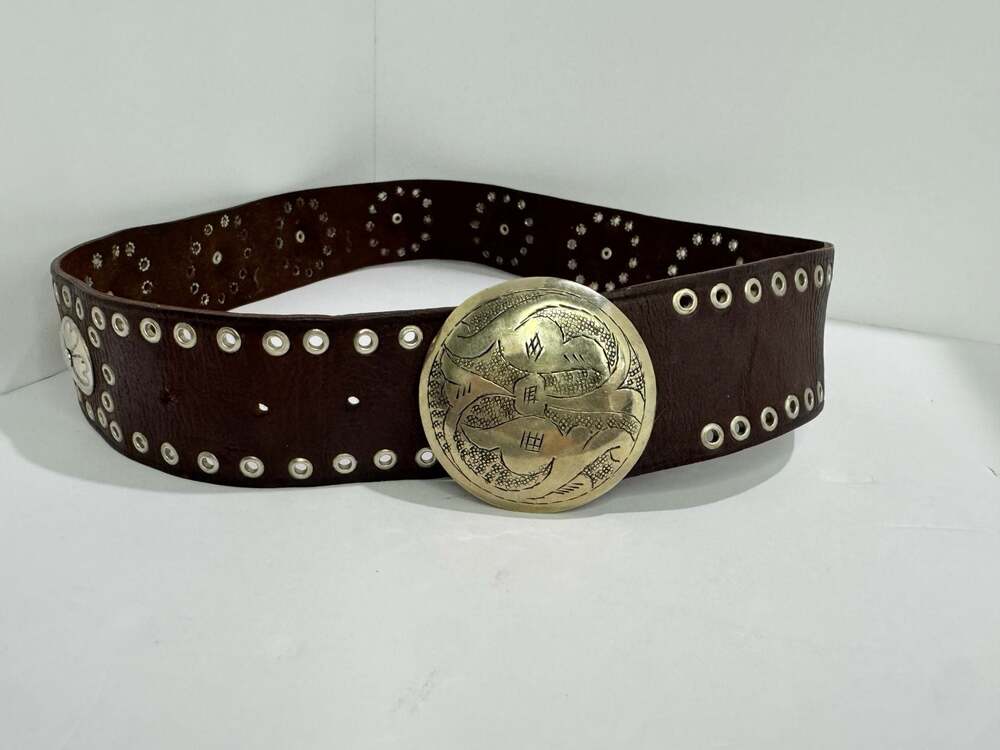 Motif 56 Brown Genuine Leather Clover Embellished Studded Belt